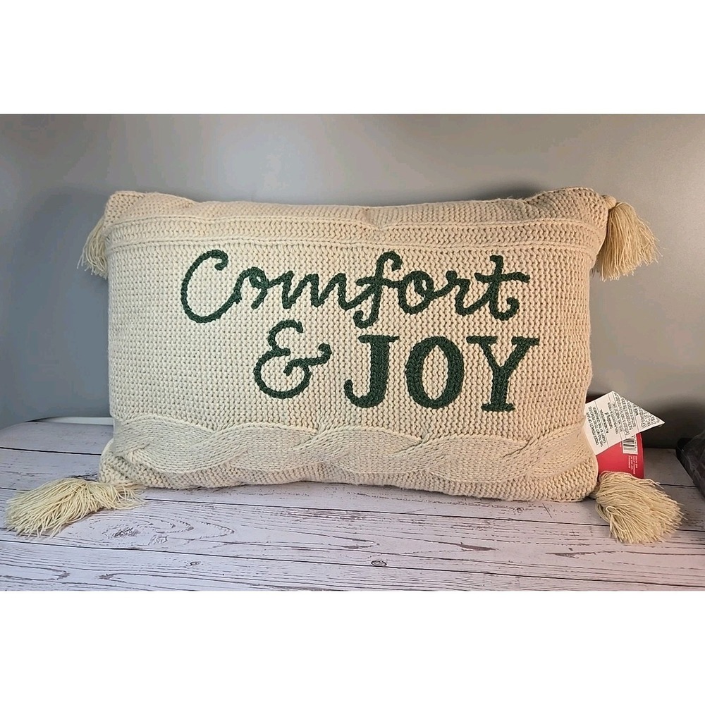 Knitted "Comfort & Joy" Lumbar Throw Tassels Accent Holiday Christmas Pillow